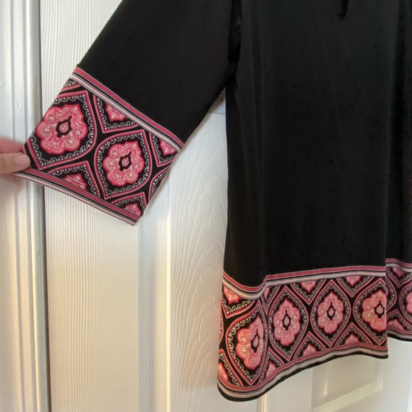 JM Stretchy Black 3/4 Sleeve Tunic with Pink Border on Hems - Picture 3 of 5